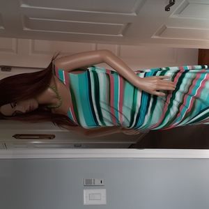 London Times Asymmetrical Striped Dress - Green, Pink, Blue